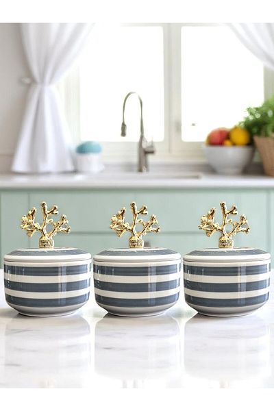 ferayhome Kitchen Accessory: 3-Piece Breakfast Spice Rack, Sugar Bowl and Gray Zebra Gold Coral