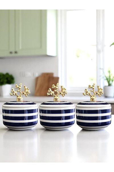 ferayhome Kitchen Accessory: 3-Piece Breakfast Spice Rack Storage Container Sugar Bowl Navy Blue Zebra Gold Coral
