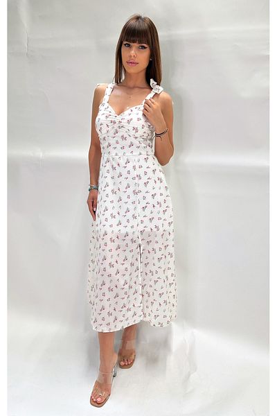 IFASTFASHION Rochie midi albă cu imprimeu floral și bretele pentru femei – Decolteu în formă de inimă, crăpătură în față, vară romantică