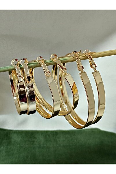 mos&more Gold 6 lı Set, 3 Boy Halka Şık Kadın Küpe, Geniş