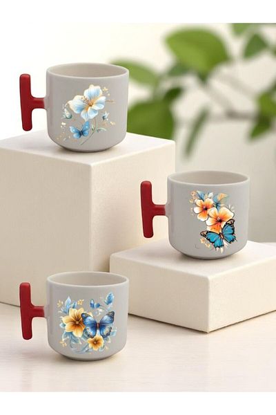 lili hediyelik Flower and Butterfly Printed 3-Piece Red Handled Ceramic Mug