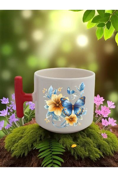 lili hediyelik Flower and Butterfly Printed 3-Piece Red Handled Ceramic Mug