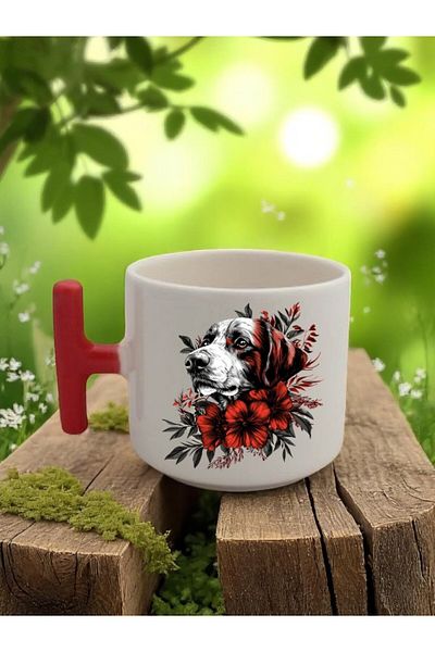 lili hediyelik Flower and Dog Printed 3-Piece Red Handled Ceramic Mug