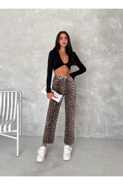 Jeevee Leopar Desen Geniş Paça Yüksek Bel Pantolon