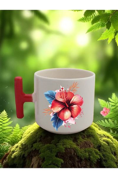 lili hediyelik Flower Pattern Printed 3-Piece Red Handled Ceramic Mug