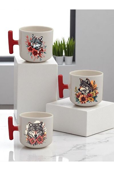 lili hediyelik Flower and Wolf Printed 3-Piece Red Handled Ceramic Mug