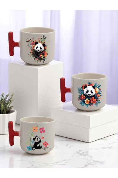 lili hediyelik Flower and Panda Printed 3-Piece Red Handled Ceramic Mug