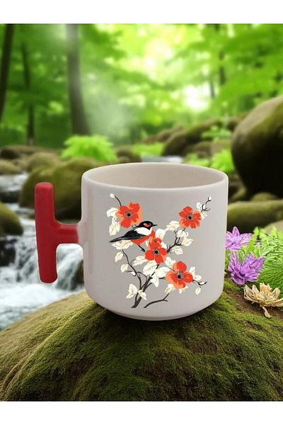lili hediyelik Flower and Bird Printed 3-Piece Red Handled Ceramic Mug