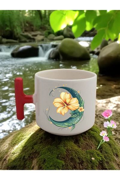 lili hediyelik Flower and Moon Printed 3-Piece Red Handled Ceramic Mug