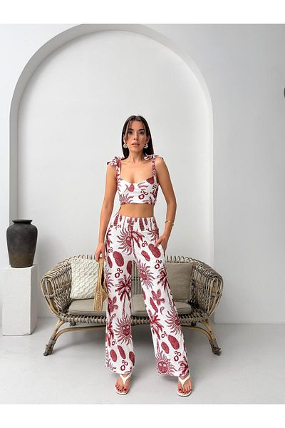 Jeevee Burgundy Tropical Patterned Double Summer Suit with Tie Strap