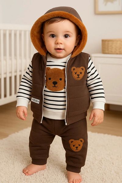 Babydonat طقم للأولاد الصغار مكون من 3 قطع بغطاء للرأس منقوش عليه دمية دب قطيفة
