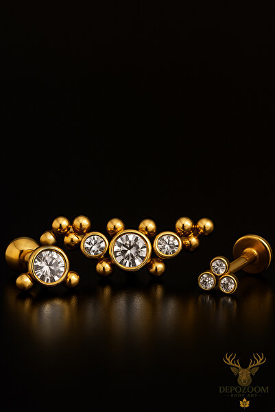 depozoom Zirkon Taşlı Cerrahi Çelik Kıkırdak Ve Tragus Set Piercing Gold