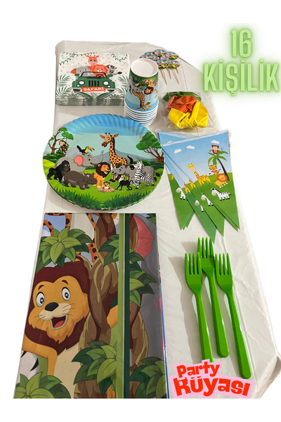 partyrüyası Safari Sevimli Hayvanlar Temalı 16 Kişilik Flamalı Doğum Günü Seti