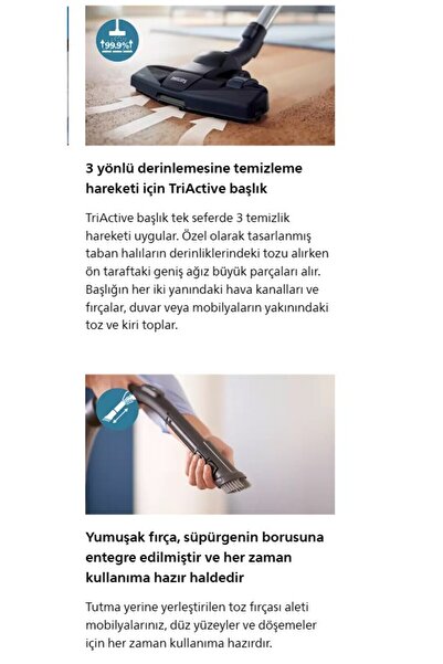 Philips TriActive ve Turbo halı döver başlıklı 650W Torbasız Hazneli Süpürge