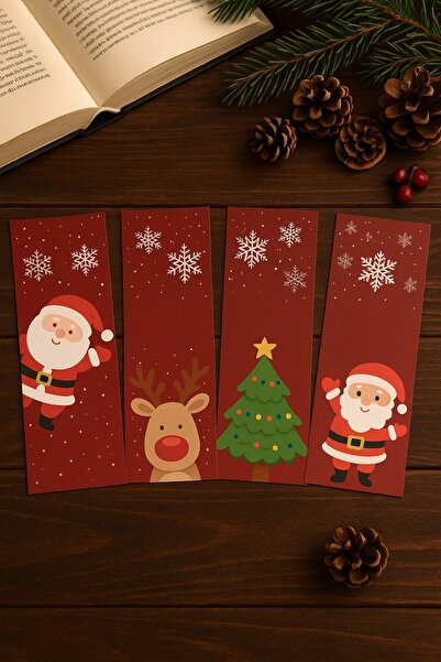 Emtory Home 12 Adet Kırmızı Yılbaşı Serisi  Kitap Ayracı - Kalın Kuşe - 4,5x15cm - Yılbaşı Hediye - 4 model