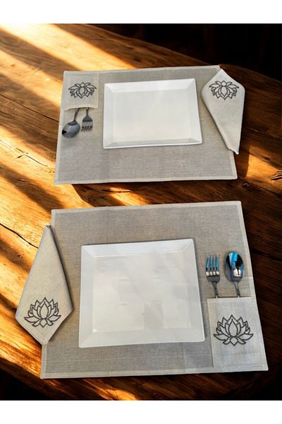 Menar Tasarım Lotus Flower Embroidered American Service Set Napkin Set 6-Person Dining Tablecloth Set
