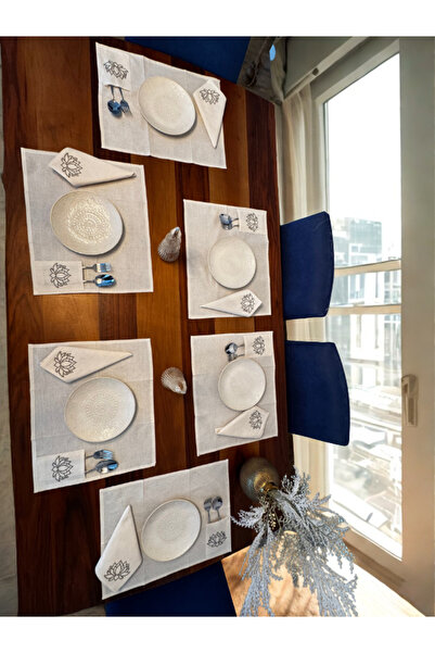 Menar Tasarım Lotus Flower Embroidered American Service Set Napkin Set 6-Person Dining Tablecloth Set