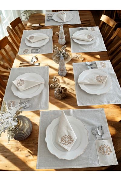 Menar Tasarım Lotus Flower Embroidered American Service Set Napkin Set 6-Person Dining Tablecloth Set