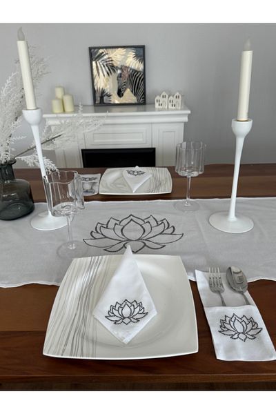 Menar Tasarım Lotus Flower Embroidered Runner Napkin Spoon Holder Service Set 6 Person Dining Table Cloth Set