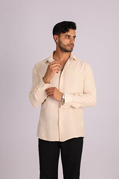 JAKOTTO Breathable Muslin Fabric Long Sleeve Collar Beige Men's Shirt