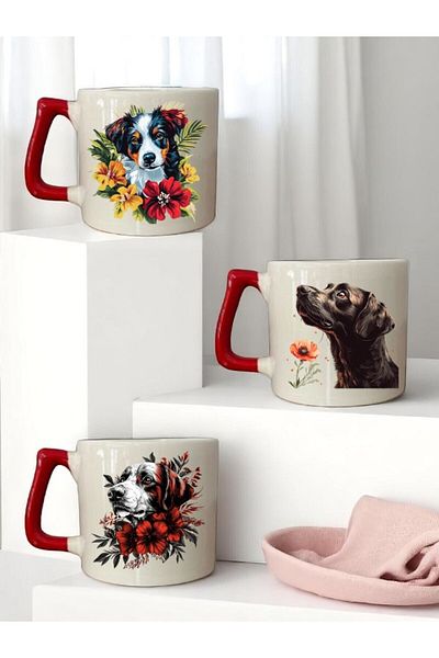 lili hediyelik Dog and Flower Printed Red Handle 3-Piece Mug Cup Ceramic Coffee Cup
