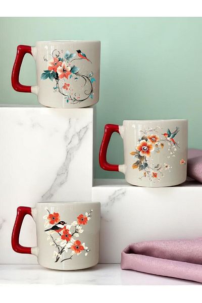 lili hediyelik Bird and Flower Printed Red Handled 3-Piece Mug Cup Ceramic Coffee Cup