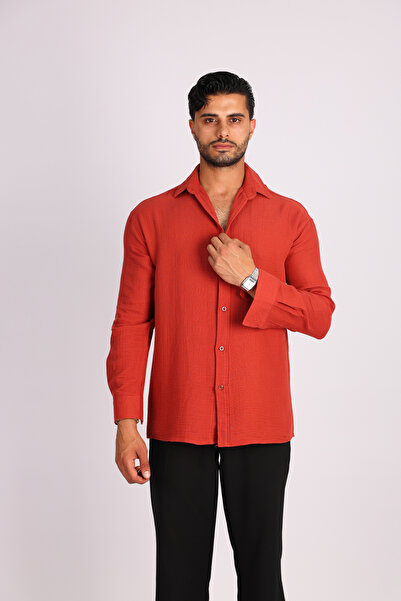 JAKOTTO Breathable Muslin Fabric Long Sleeve Collar Red Men's Shirt