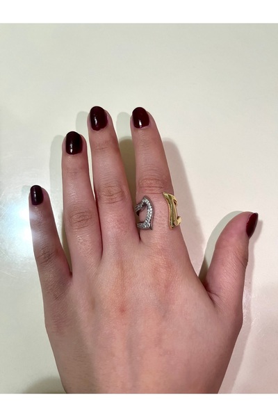 GLOWVİA AKSESUAR Gold and Zircon Stone Design Adjustable Steel Ring