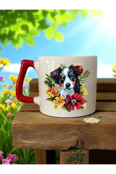 lili hediyelik Dog and Flower Printed Red Handle 3-Piece Mug Cup Ceramic Coffee Cup