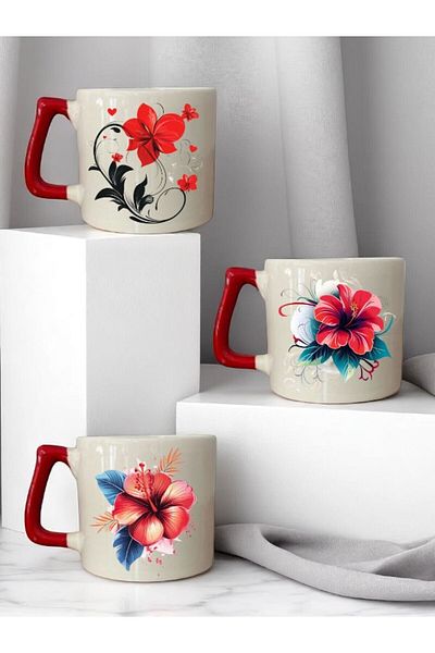 lili hediyelik Flower Pattern Printed Red Handle 3-Piece Mug Cup Ceramic Coffee Cup