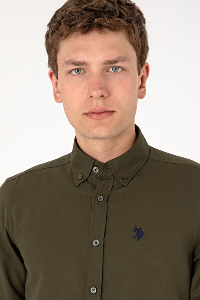 U.S. Polo Assn. Ανδρικό μακρυμάνικο πουκάμισο σε σκούρο χακί 50306338 -VR111