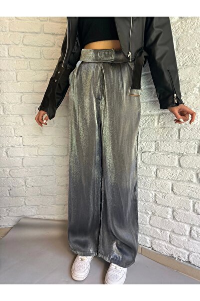 moneta boutique Women's Shiny Palazzo Trousers with Snap Detail on the Waist