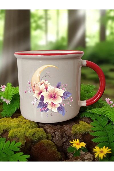 lili hediyelik Moon and Flower Printed Red Mouth 3-Piece Ceramic Mug