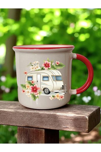 lili hediyelik Caravan and Flower Printed Red Mouth 3-Piece Ceramic Mug
