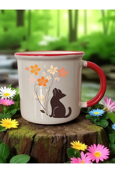lili hediyelik Cat and Flower Printed Red Mouth 3-Piece Ceramic Mug