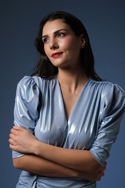 ElifNaz Light Blue V-Neck Draped Flounce Dress