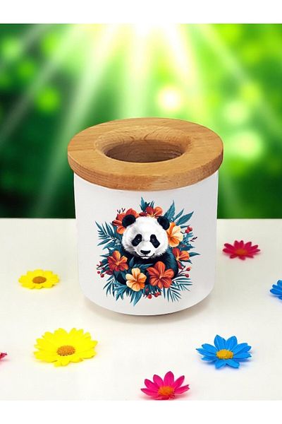 lili hediyelik Suport pentru stilou de birou din lemn din 3 piese cu imprimeu panda și flori, cutie pentru creion, cadou de birou