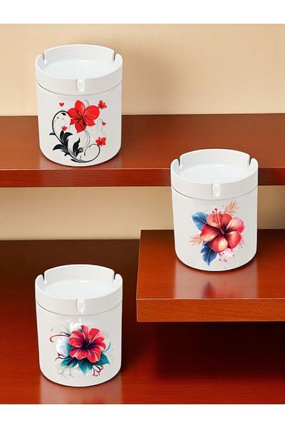 lili hediyelik Flower Pattern Printed 3-Piece Ceramic Ashtray Ash Tray
