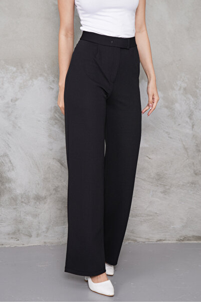 macharel jeans Likralı Cırt Kapama Siyah Bol Paça Palazzo Pantolon