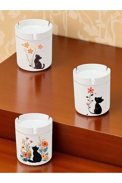 lili hediyelik Cat and Flower Printed 3-Piece Ceramic Ashtray Ash Tray