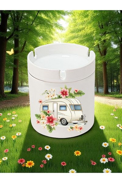 lili hediyelik Caravan and Flower Printed 3-Piece Ceramic Ashtray Ash Tray