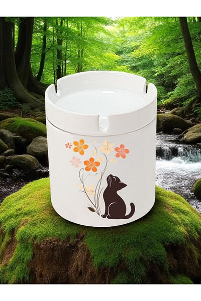 lili hediyelik Cat and Flower Printed 3-Piece Ceramic Ashtray Ash Tray