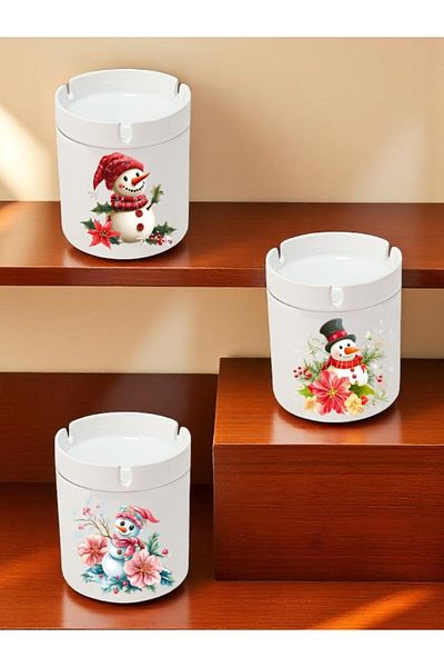 lili hediyelik Snowman and Flower Printed 3-Piece Ceramic Ashtray Ashtray