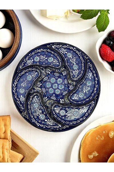 sharp&art Breakfast Set, Detailed Hand Embroidery, Embossed Evil Eye Bead Themed Ceramic 2 Different Breakfast Sets