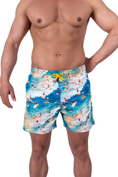 fedon Bronz Surf Spirit Erkek Deniz Şortu Hızlı Kuruyan AquaDry Kumaş, Mavi Tonlar, Fermuarlı Cepli L