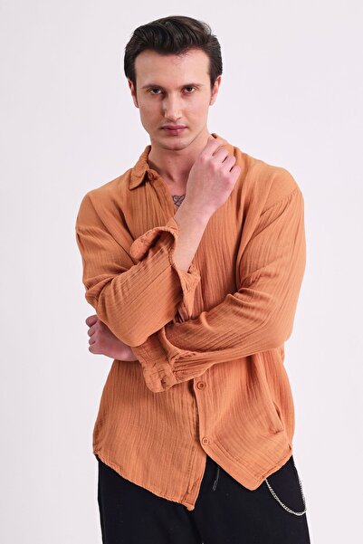 RELAXL Ανδρικό μακρυμάνικο πουκάμισο από 100% βαμβάκι Oversize Tan Color Summer Muslin