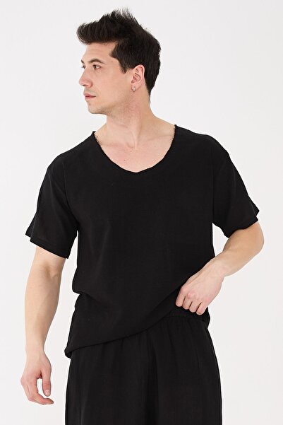 RELAXL Ανδρικό μαύρο μπλουζάκι 100% βαμβακερό ύφασμα Sile Dirty Collar Oversize Ανδρικό μπλουζάκι γιόγκα