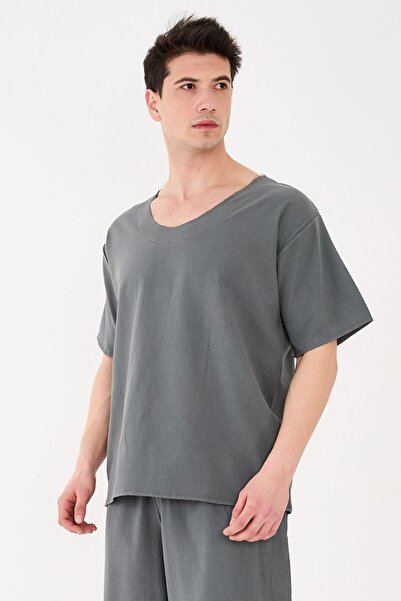 RELAXL 100% Cotton Şile Cloth Dirty Collar Oversize Men's Dark Gray T-Shirt Yoga Wear