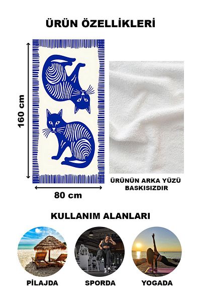 Doruklar Home Collection Πετσέτα θαλάσσης με σχέδια για γάτες Peshtemal 80x160 CM VTA21