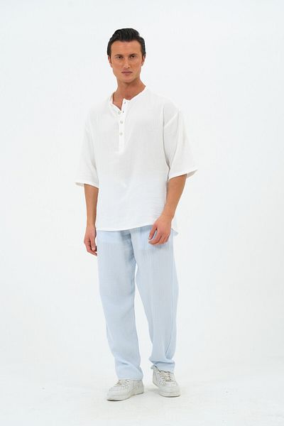 RELAXL 100% Cotton Natural Muslin Oversize Placket Collar Ecru Shirt Fakir Sleeve